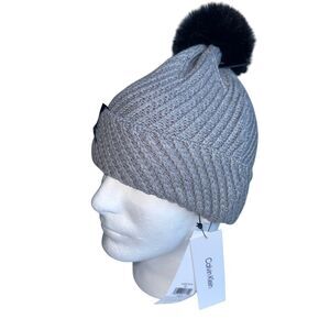 Calvin Klein Women Hat Cable-Knit Beanie Faux Fur Pom Lined Grey One Size